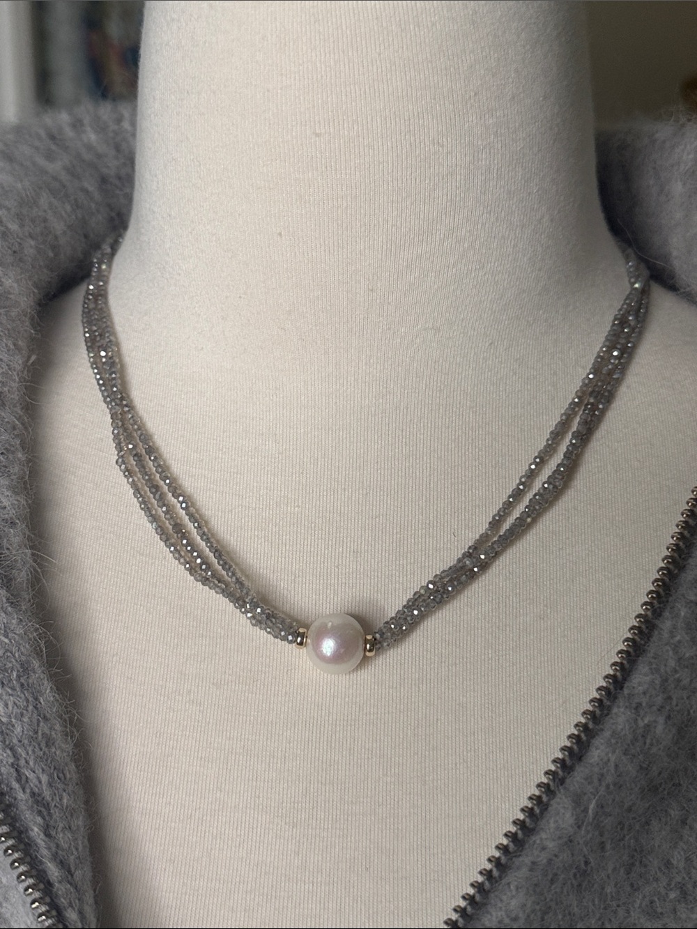 Multi-Strand Labradorite Faceted Beaded Necklace with Pearl Accent 14K Gold